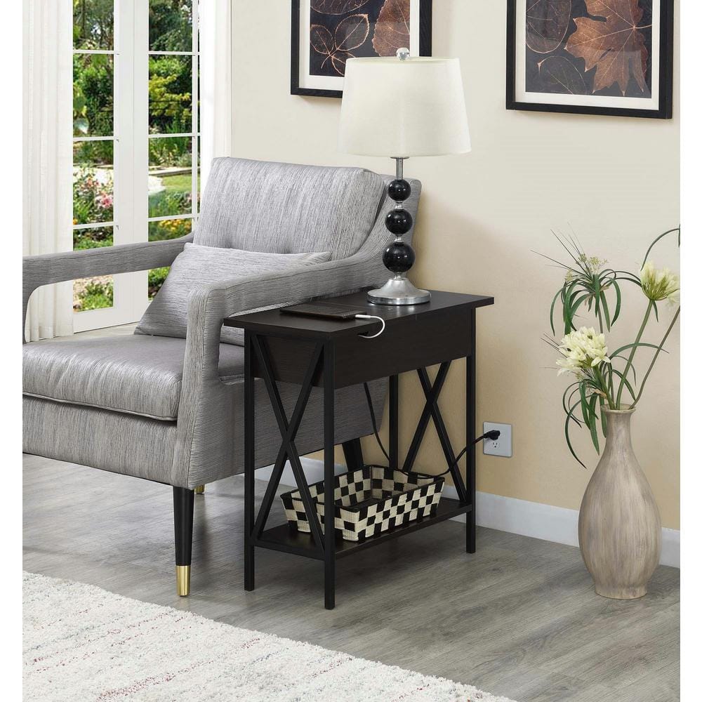 Espresso and Black Wood Metal Square End Table with Charging Station