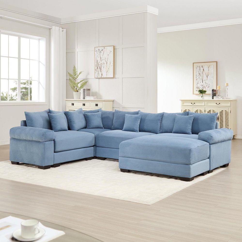 Harley 116.9 in. Cloud Corduroy Upholstery L-Shaped Sectional Sofa in. Blue with Ottoman, 13 Throw Pillows price history on PriceWatchPro