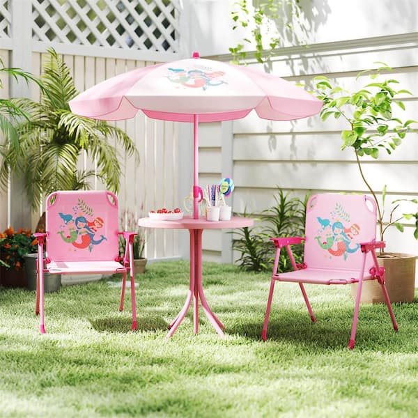 39.5 in. Pink Round Iron Metal Picnic Tables Seats 2 People with Height Adjustable Umbrella