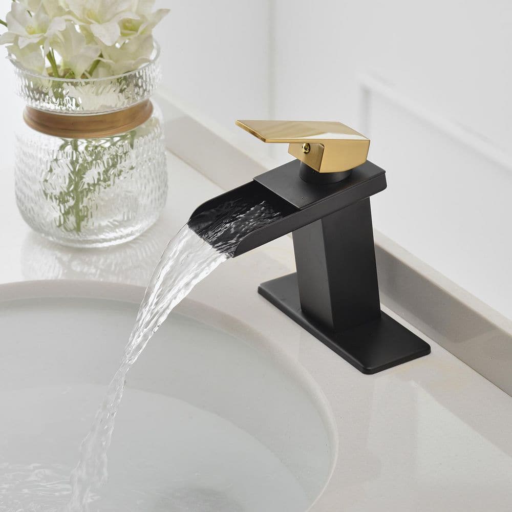 Matte Black and Gold Single-Handle Waterfall Bathroom Faucet