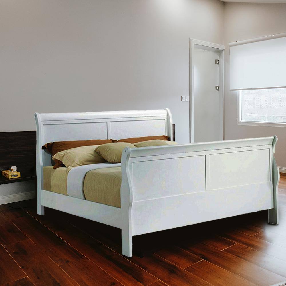 Louis Philippe III White King Upholstered Sleigh Bed with Wood Frame