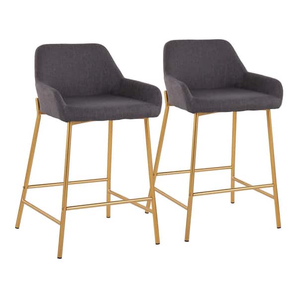 Lumisource Daniella 33 in. Fixed-Height Charcoal Fabric and Gold Steel Counter Height Bar Stool (Set of 2)