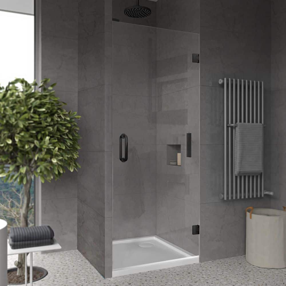 28" x 80" Frameless Clear Glass Pivot Shower Door with Matte Black Hardware