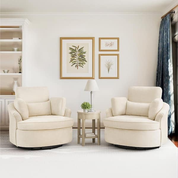 Cyris Oversized Beige Chenille Upholstered Swivel Accent Chair with 3 Removable Pillows Barrel Chair Set of 2
