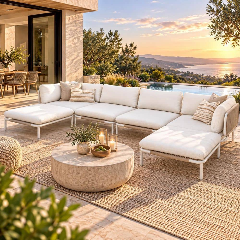 Crestlive Products Outdoor Sectional Set 6 Pieces Patio Furniture Set with 12 Beige Cushions and 6 Removable Armrests for Outdoor Areas CL-SF005BEI-6B