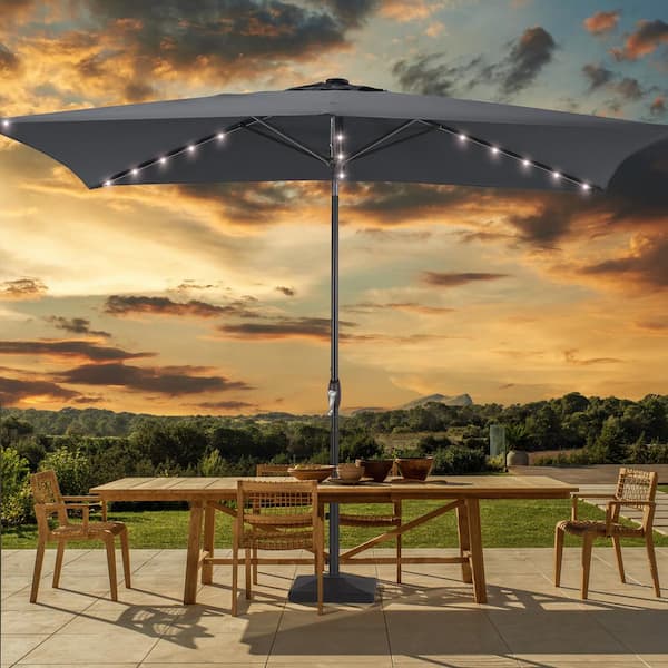 Sonkuki 6 ft. x 9 ft. Rectangular Solar LED Lighted Steel Patio Market Umbrella with Push Button Tilt in Anthracite