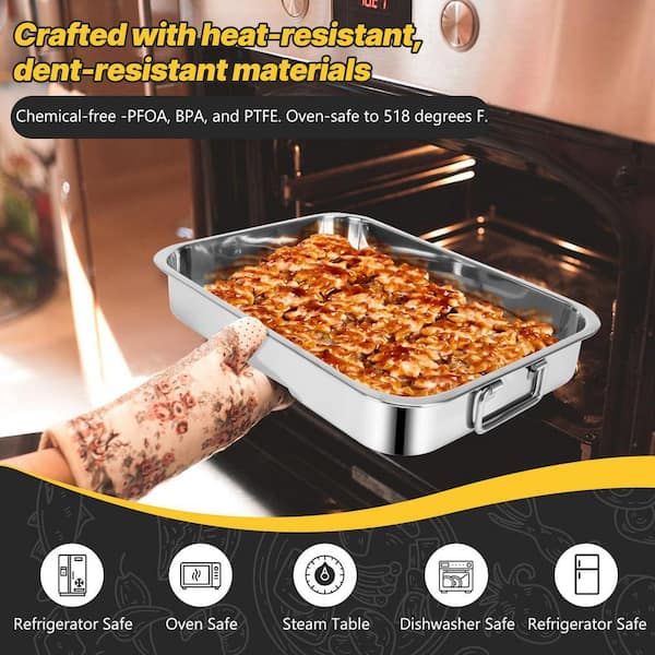 2 pcs Silver Stainless Steel Roasting Pan with Rack Oven Safe