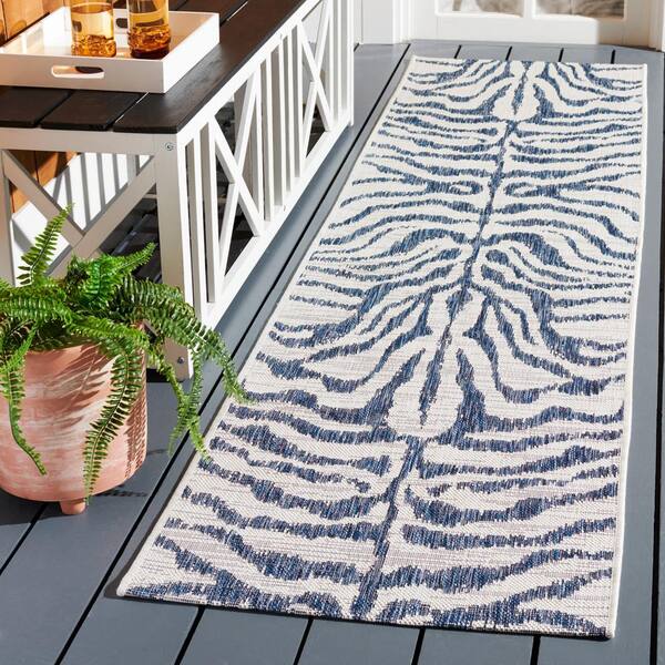 Courtyard Ivory/Navy 2 ft. x 8 ft. Zebra Indoor/Outdoor Runner Rug