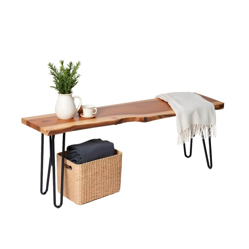 48 in. Live Edge Solid Wood Bench with Metal Hairpin Legs, Modern Bench for Entryway, Dining Room or Bedroom, Natural