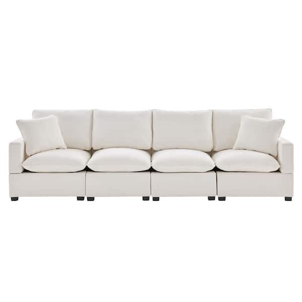 110 in. x 29 in. Square Arm Chenille Rectangle 4 Seat Modern Modular Combinable Sofa in White