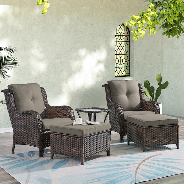 ArcoBay 5-Piece Brown Wicker Outdoor Lounge Chairs Patio Conversation Set with Gray Cushions and Ottomans