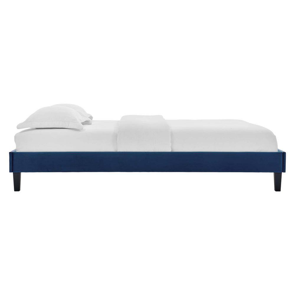Regal Navy Queen Velvet Upholstered Platform Bed with Tufted Headboard