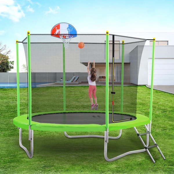 sengetøj digital Vælg Merax 10 ft. Round Trampoline with Safety Enclosure Net Basketball Hoop and  Ladder GLBC0047AAF - The Home Depot