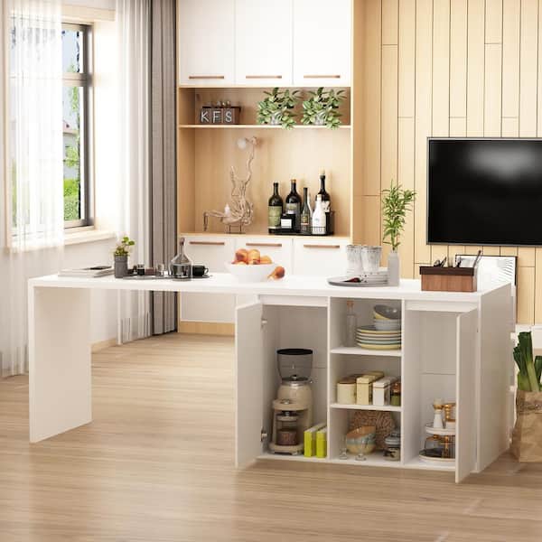 White Wood 82.7 in. W Kitchen Island Dining Table With Door Cabinets and Drawers