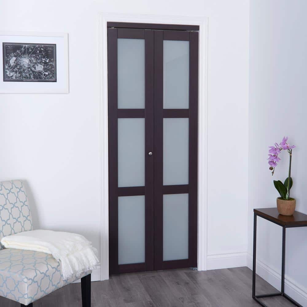 Espresso Finished 3-Lite Frosted Glass Solid Core Bi-Fold Door