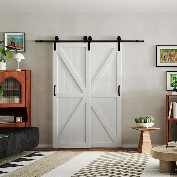 64 in. x 84 in. (Double 36 in. Doors) White Primed MDF K-Shaped Bypass Sliding Assembly Required Barn Door with Hardware