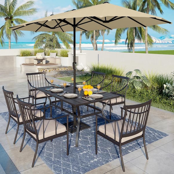 PHI VILLA 8-Piece Metal Outdoor Patio Dining Set with with Beige Cushions and Umbrella