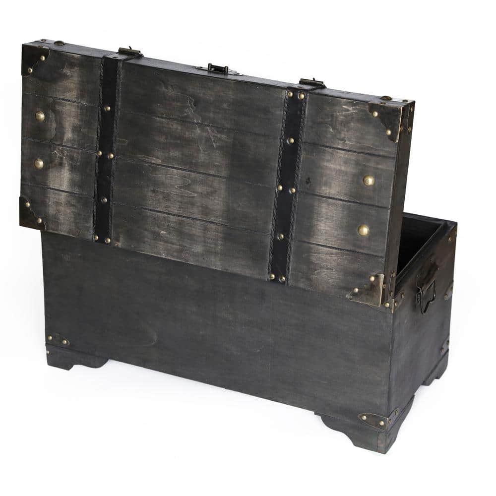 Distressed Black Medium Wooden Storage Trunk with Faux Leather Straps