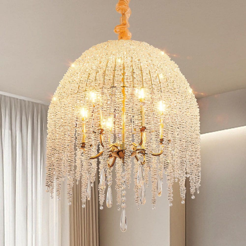 20 in. 6-Light Gold Crystal Pendant Light Chandelier, Elegant Waterfall Des