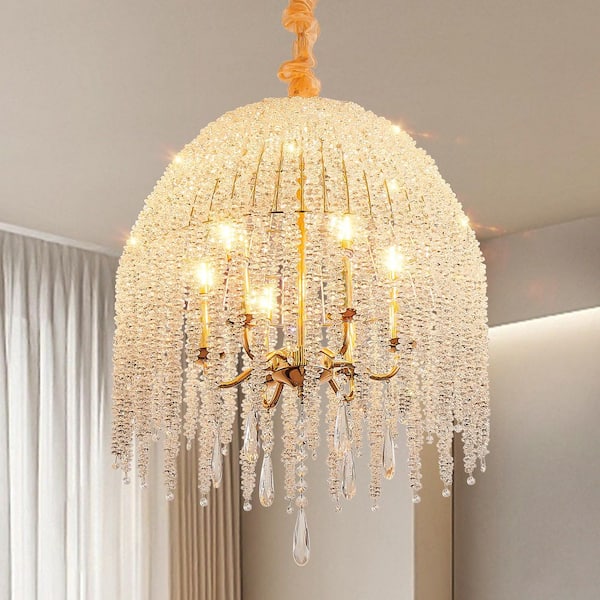 ARISKEEN 20 in. 6-Light Gold Crystal Pendant Light Chandelier, Elegant Waterfall Design with Cascading Crystal Bead Strings