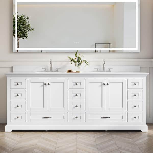 84 in. W Solid Wood Bath Vanity in White with White Cultured Marble Top, Double Sink, 14 Soft-Close Drawers, Assembled