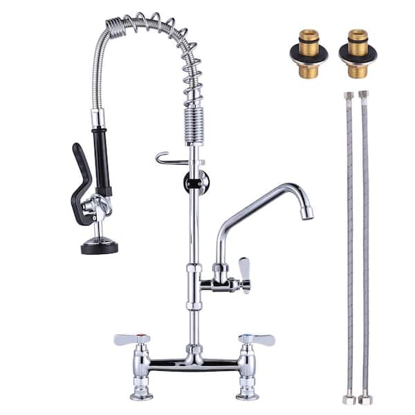 IVIGA Deck Mount Commercial Brass Triple Handle Pull Down Sprayer Kitchen Faucet with Pre-Rinse Sprayer in Polished Chrome