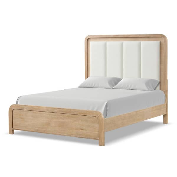 Falkner Natural Modern Solid Wood Frame King Panel Bed With Padded Boucle Headboard