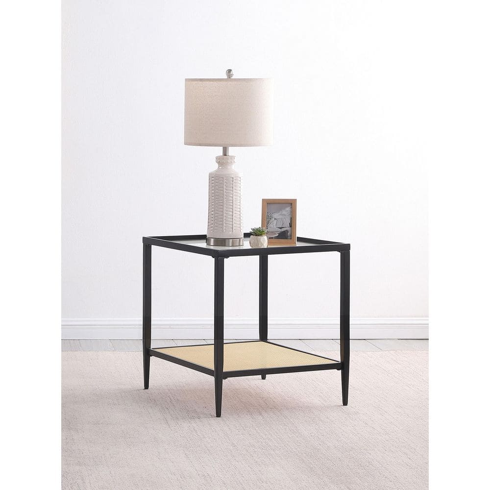 Black Metal and Glass Square End Table with Cane Shelf