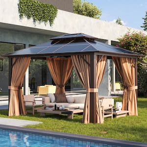 12 ft. x 10 ft. Double Polycarbonate Roof Patio Hardtop Gazabo with Ceiling Hook, Curtains and Netting