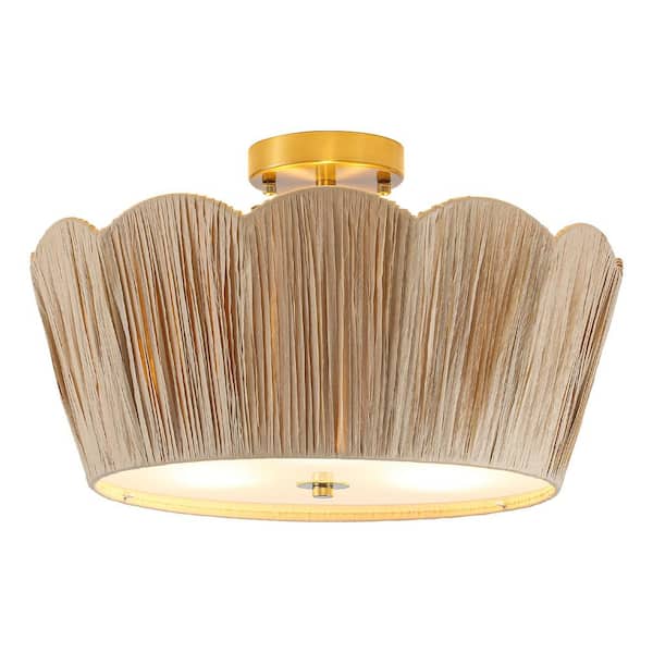 Scrow Bohemian 18 in. 3-Light Natural Raffia Woven Semi-Flush Mount Ceiling Light, Perfect for Bedroom and Dining Room