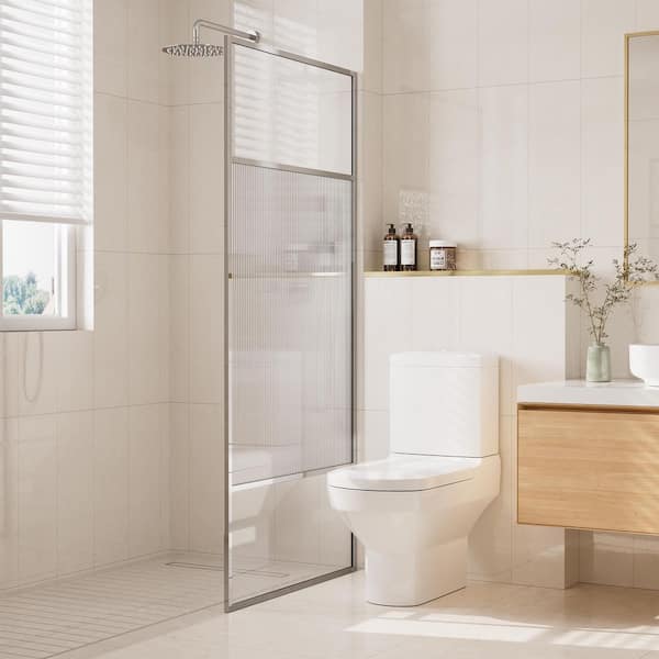 VANITYFUS 34 in. W x 74 in. H x 0.687 in. D Fixed Single Panel Shower Door in Chrome with Clear Glass and Frame