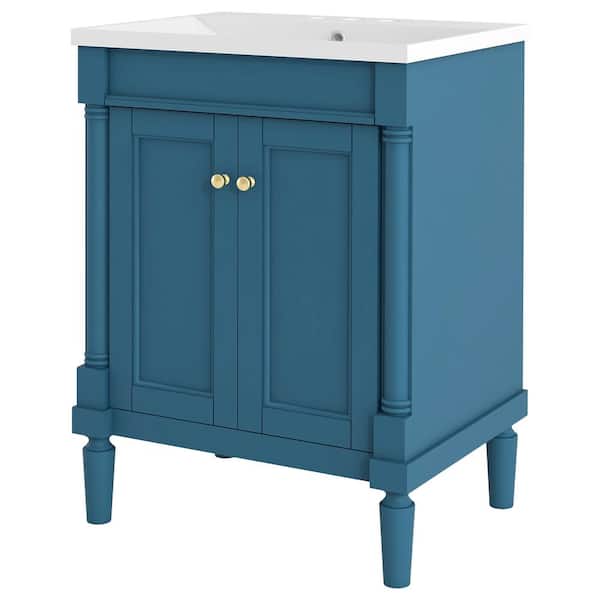 JimsMaison 24 in. W x 18 in. D x 34 in. H Single Sink Freestanding Bath Vanity in Blue with White Cultured Marble Top