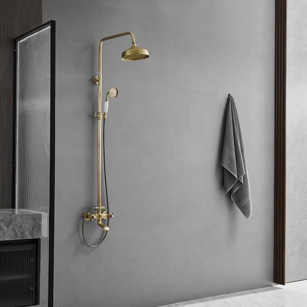 3-Spray Bathroom Outdoor Wall Bar Shower Kit with Tub Faucet and Double Cross Handle in Antique Brass (Valve Included)