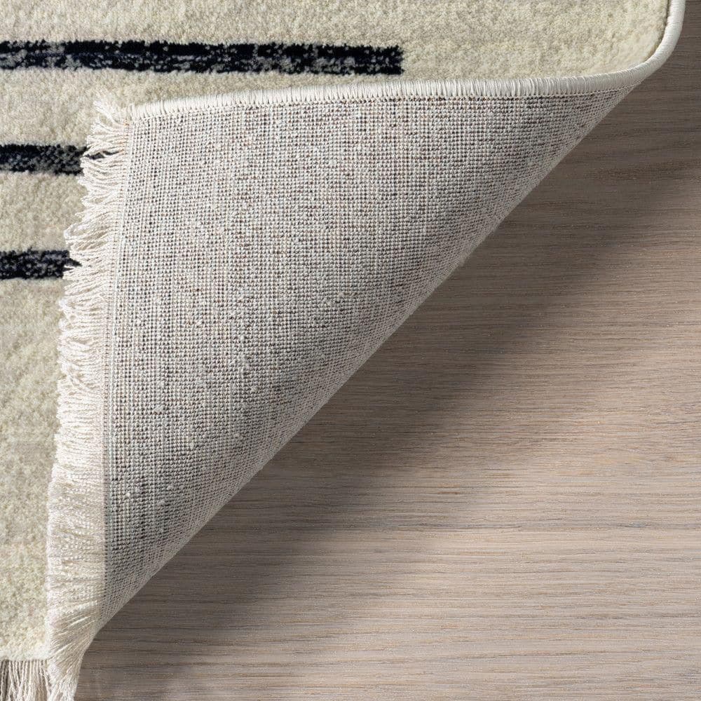 Keeva Modern Striped Fringe Beige and Black Synthetic Area Rug 8' x 10'