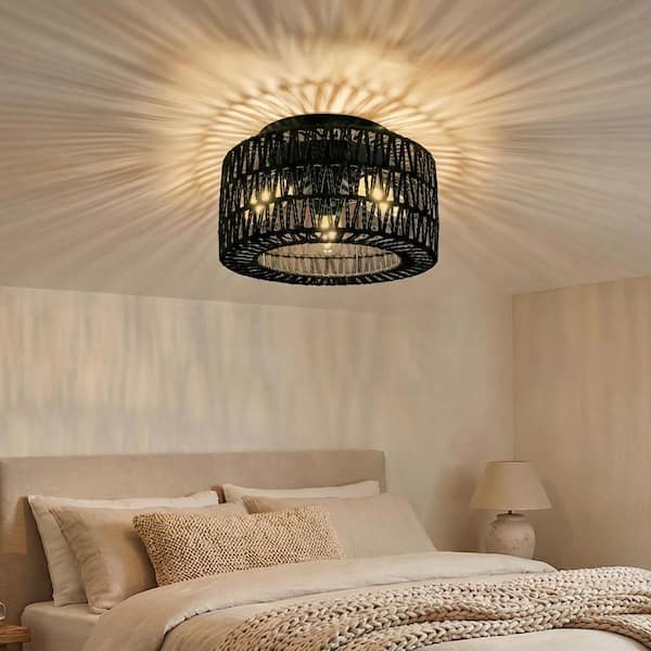11.8 in. 3-Light Black Rattan Flush Mount Ceiling Light with Hand-Woven Cage Shaded for Hallway Bedroom