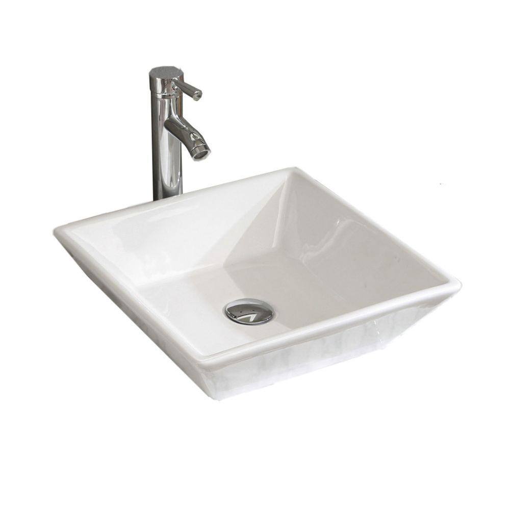 16.5" White Ceramic Square Bathroom Vessel Sink with Faucet