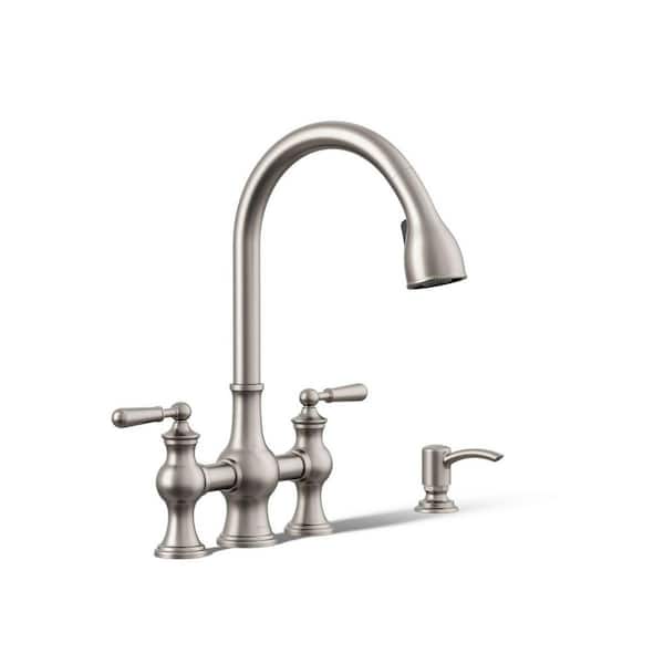 Capilano 2-Handle Bridge Farmhouse Pull-Down Kitchen Faucet with Soap Dispenser and Sweep Spray in Vibrant Stainless