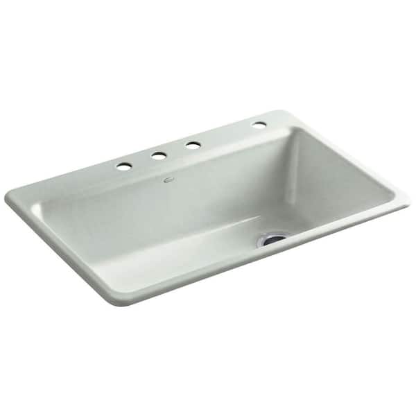 KOHLER Riverby Drop-In Cast-Iron 33 in. 4-Hole Single Bowl Kitchen Sink Kit with Accessories in Sea Salt