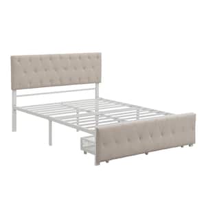 Beige Full Size Storage Bed Metal Platform Bed with a Big Drawer