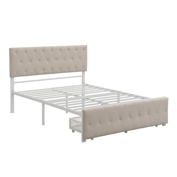 aisword Beige Full Size Storage Bed Metal Platform Bed with a Big Drawer