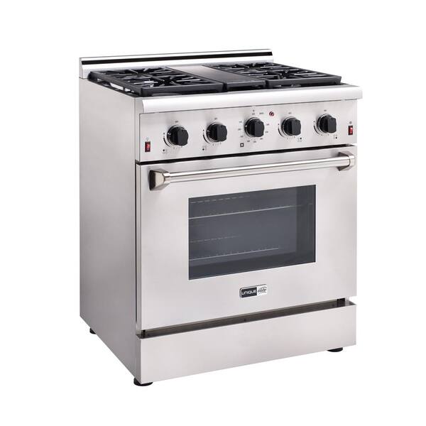 Unique Elite 30 in. 3.8 cu. ft. Gas Range with Sealed Burners, Griddle and Convection Oven in Stainless Steel