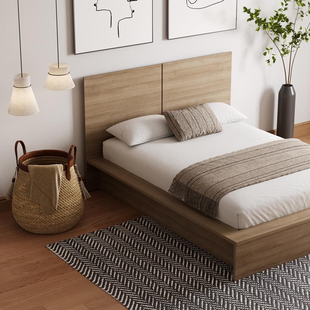 Light Brown Oak Full Platform Bed with Headboard