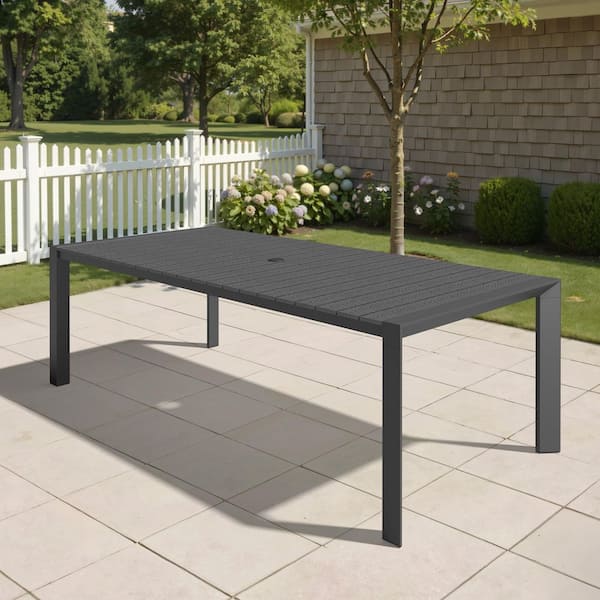 83.85 in. Aluminum Black Rectangular Outdoor Patio Dining Table with Umbrella Hole