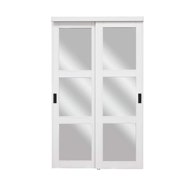 48 in. x 80 in. Solid Core 3-Lite Mirror White Primed MDF Interior Closet Sliding Door with Hardware