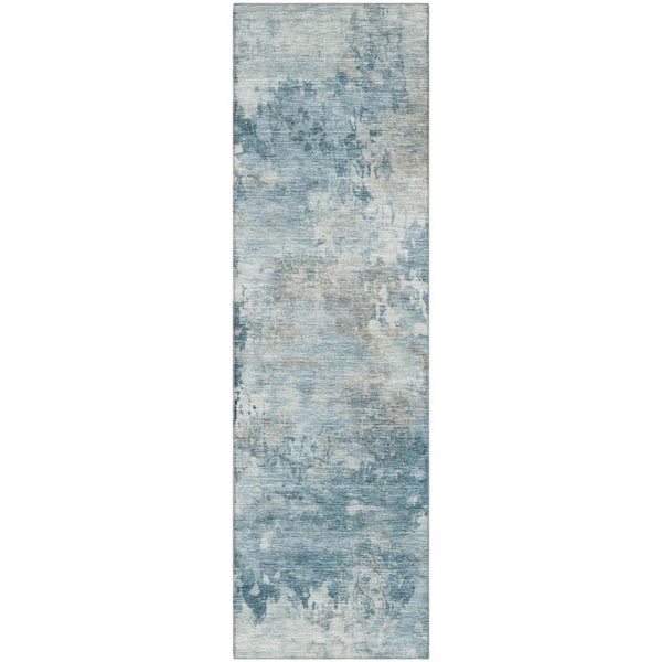 Mayfield Premium Machine Washable Abstract AMF2073 Teal 2 ft. x 7 ft. Runner Rug