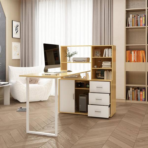 63 in. Width L Shape White Wooden 3 Drawer Computer Desk with Adjustable Height Open Shelves and A Door Storage Cabinet