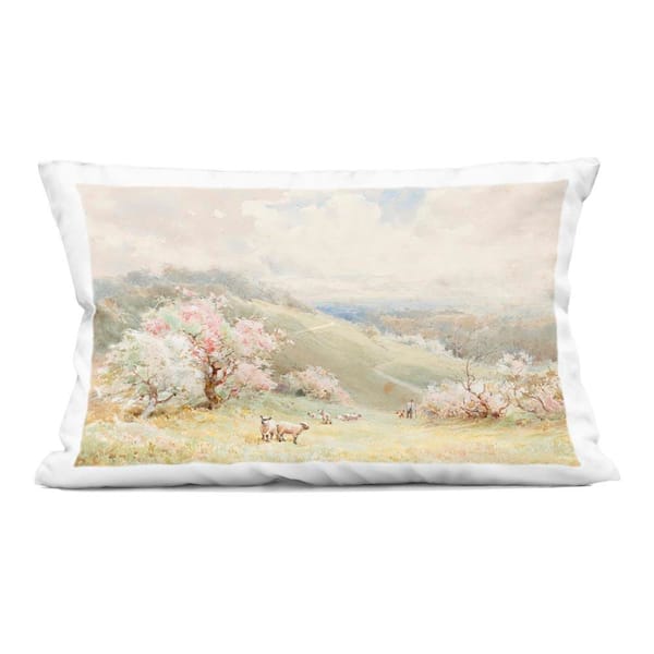 Lambs Strolling Pastel Countryside Green Print Zipper Polyester 14 in. x 20 in. Throw Pillow