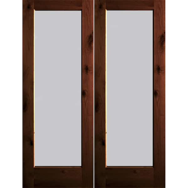 Krosswood Doors 72 in. x 96 in. Rustic Knotty Alder Wood Full-Lite Satin Etch red mahogony Stain Right Active Double Prehung Front Door