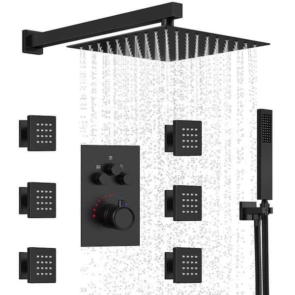 YAWWALK Thermostatic 7-Spray 12 in. Wall Mount Dual Shower Head and Handheld Shower in Matte Black (Valve Included)