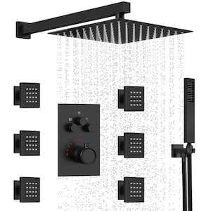 Thermostatic 7-Spray 12 in. Wall Mount Dual Shower Head and Handheld Shower in Matte Black (Valve Included)